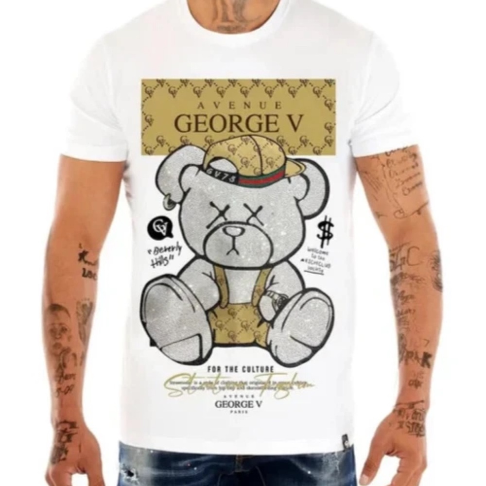 Avenue George V Paris Men's White T-Shirt Crystal rhinestone Teddy Bear fitted